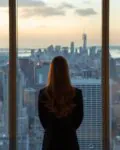 Frau in schwarzem Blazer blickt bei Sonnenuntergang aus dem Fenster eines Wolkenkratzers auf die Stadtlandschaft.