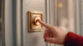 A woman is pressing a golden button on a wall