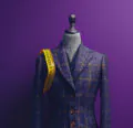 A bespoke double-breasted suit on a mannequin against a purple backdrop